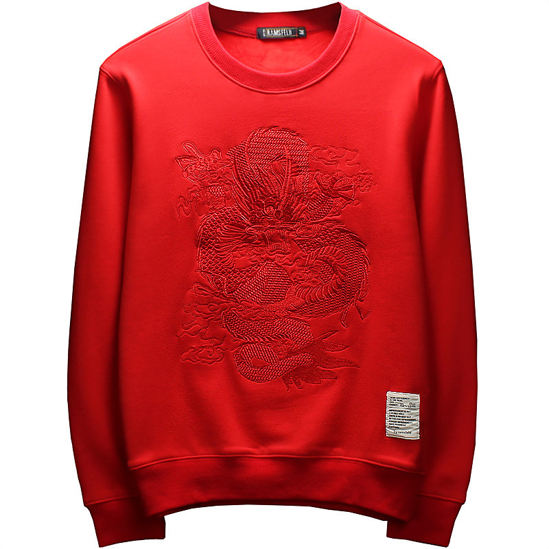 秋冬加绒男士烫钻贪食蛇卫衣圆领红色情侣龙纹套头衫带钻保暖刺绣