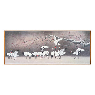 仙鹤飞舞手绘油画丹顶鹤动物客厅单幅装饰画茶室卧室床头横长挂画