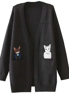 猫咪刺绣秋冬季新款开襟针织衫