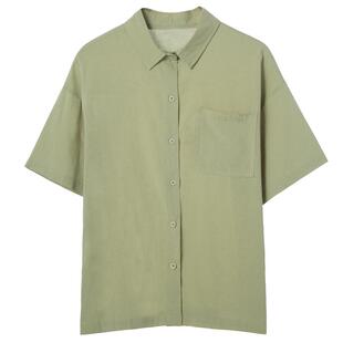 百思朵2026夏季chic复古文艺小清新宽松显瘦芥末绿半袖短袖衬衫女