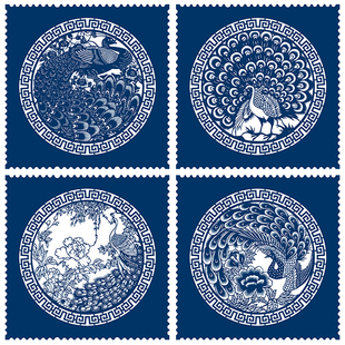 孔雀剪纸小品底稿4张中国风传统窗花手工刻画图样黑白打印底稿