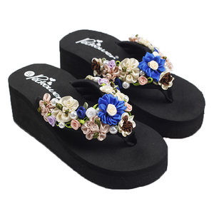 2018新款手工丝带立体花朵珍珠松糕人字拖夏季女士休闲凉拖防滑
