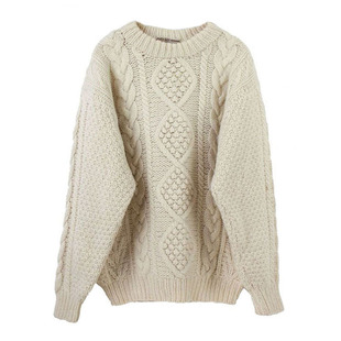 秋冬装孤品复古古着vintage手工套头羊毛衣 粗棒针浅白麻花豆豆