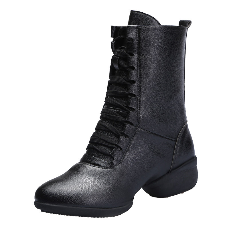 秋冬新款全皮跳舞鞋女式软底现代广场舞鞋中跟透气水兵舞中筒靴子