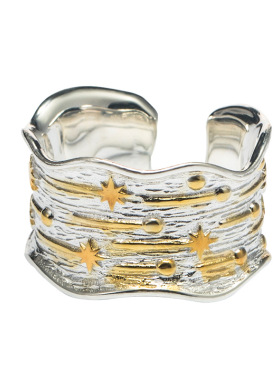 创意S925银分色流星雨开口戒指环女宽面夸张哑光食指戒纯银手饰品