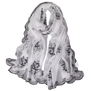 商场专柜精致绣花100%桑蚕丝真丝丝巾春秋冬季优雅披肩围巾白色