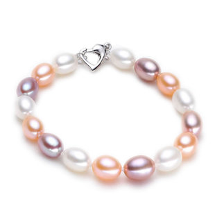 珍珠手链天然正品 925纯银水滴米形椭圆珠粉白紫混彩色强光近无瑕