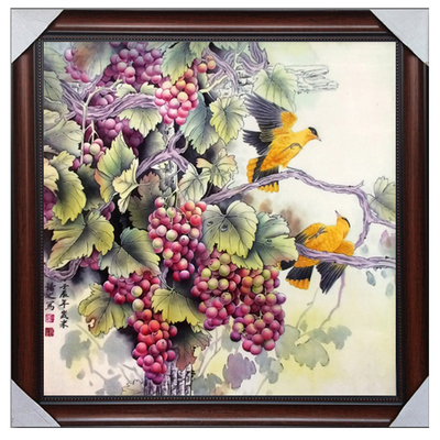 景德镇瓷板画 新中式挂画客厅装饰画 正方形山水花鸟画动物图