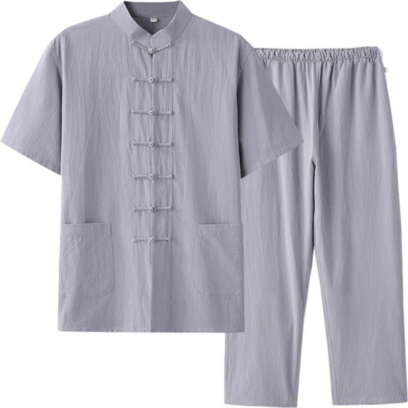 棉麻男士短袖夏天青年套服唐装