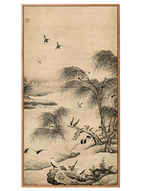 《柳汀聚禽图》新中式玄关花鸟画