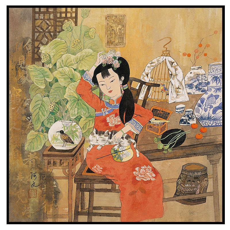 少女新中式风玄关餐厅大幅画
