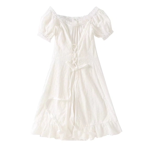 胡斑同款 夏季白色暗纹灯笼袖连衣裙 宽松娃娃裙子