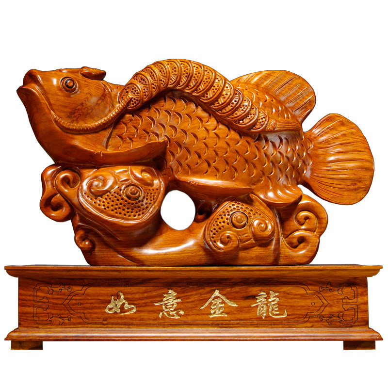 金龙鱼动物雕刻红木客厅工艺品