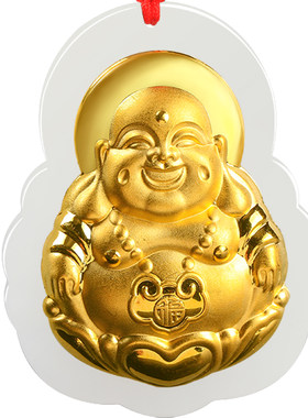黄金镶玉项链弥勒佛公观音吊坠