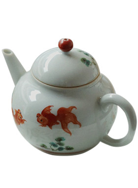 矾红粉彩陶瓷手绘茶壶