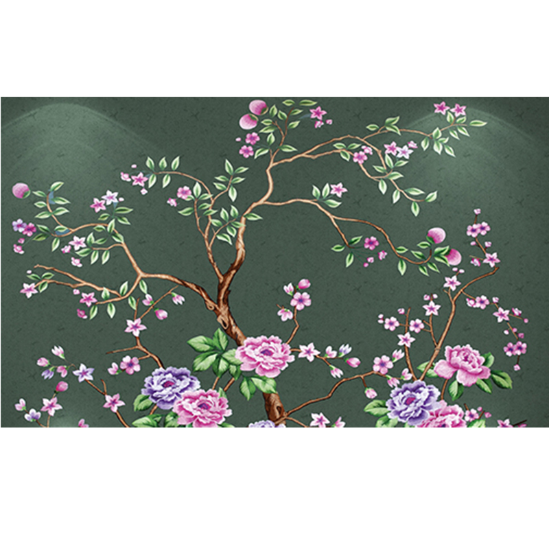 梅花花鸟客厅壁布新中式刺绣