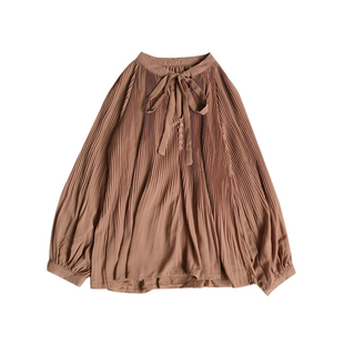 2026秋季韩版新款复古宽松V领系带飘逸百褶长袖雪纺衬衫上衣女