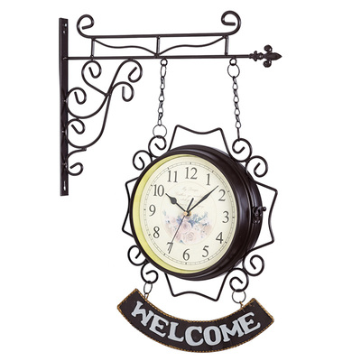 客厅欧式铁艺静音创意风双面挂钟