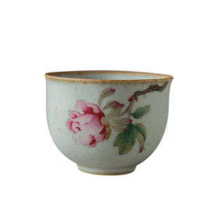 景德镇古朴粗陶全手绘牡丹花小茶杯品茗主人杯 功夫茶具陶瓷单杯