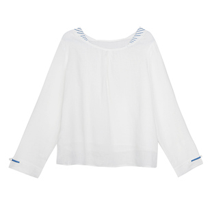 远镇春秋白色亚麻上衣短款刺绣花宽松长袖中式文艺复古盘扣T恤