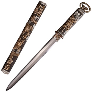 龙泉市泉字号宝剑豪华鎏金银双龙环首短剑手工草钢唐剑汉剑未开刃