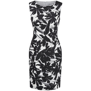 名师路夏季黑白印花连衣裙圆领白底黑条修身无袖知性优雅圆领