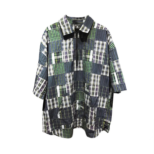 新因素黑绿格子拼接短袖衬衫男女情侣宽松休闲套头半袖衬衣外套夏