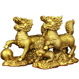黄铜麒麟摆件一对招客厅财卧室求仔送子麒麟装饰品工艺品礼品纯大
