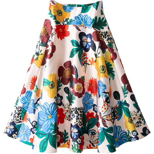 欧洲站2026春夏新款时尚印花中长款半身裙显瘦宽松收腰伞裙A字裙