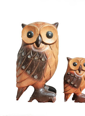 复古泰国木雕猫头鹰创意摆设