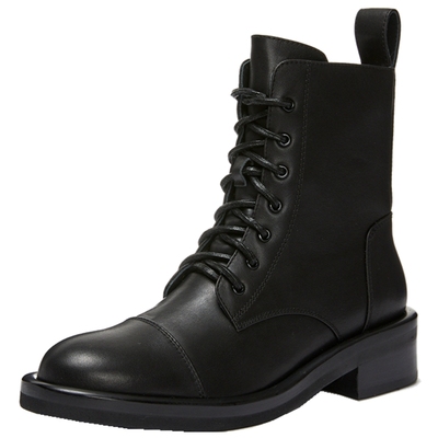 aee/爱意冬短靴女系带拉链牛皮