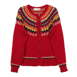 Vintage古着孤品日本制女秋冬费尔岛波普风羊毛衣 红色系摩天轮