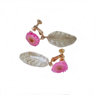 洋洋的森林原创手作银叶玫粉蜡菊镀金进口真花镀金永生花耳环耳夹