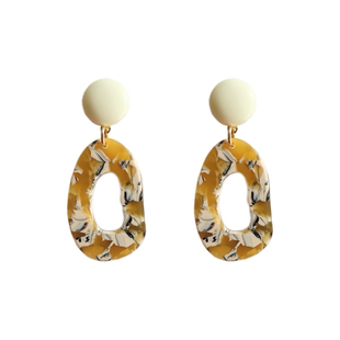 HEYJILL自制 春田花花 chic风白姜黄碎花撞色 树脂复古长耳环耳夹