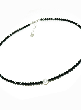 韩国性感黑天然尖晶石925银项链