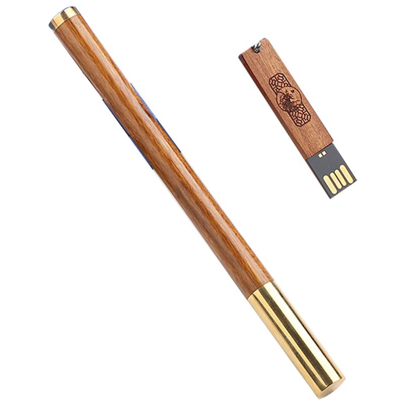 创意红木制兰花16g U盘签字笔套装 木质古风礼物中性笔定制刻字
