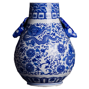 景德镇陶瓷器接耳青花瓷鹿鼎尊仿古花瓶家居装饰工艺品博古架摆件