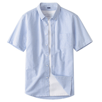 蓝白竖条纹纯棉半袖潮流日系衬衫