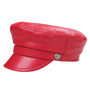 秋冬女款欧美大红色皮帽子小羊皮休闲帽平顶鸭舌帽真皮学生贝雷帽