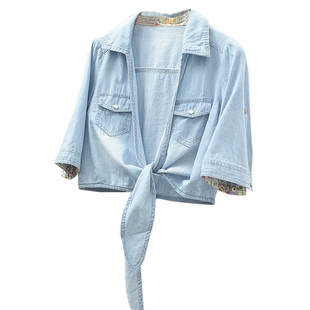 高圆圆同款春夏薄牛仔防晒衣小披肩女短款上衣打结中袖小外套开衫