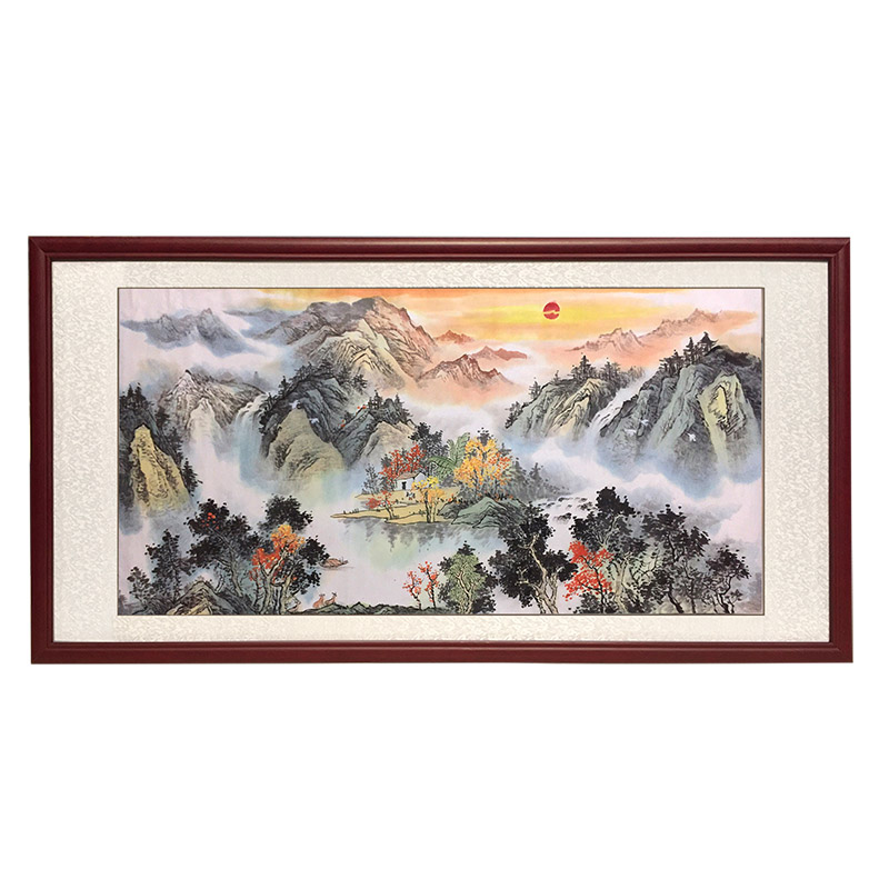 旭日东升纯手绘靠山风水山水画客厅餐厅办公室招财国画有框装饰画