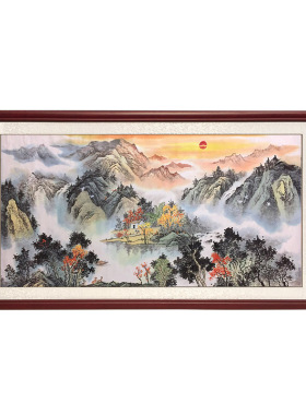 旭日东升纯手绘靠山风水山水画客厅餐厅办公室招财国画有框装饰画