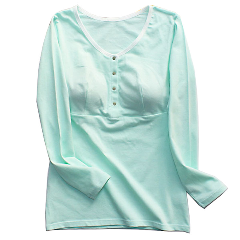 女士春秋季纯棉哺乳上衣前开扣喂奶服月子服长袖V领T恤孕妇可外穿