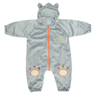 婴儿连体罩衣宝宝卡通全身防脏爬服秋冬护衣拉链闭档带帽棉衣外套