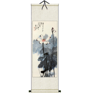 张大千墨荷图丝绸画国画卷轴画装饰挂画家居客厅玄关装饰礼品