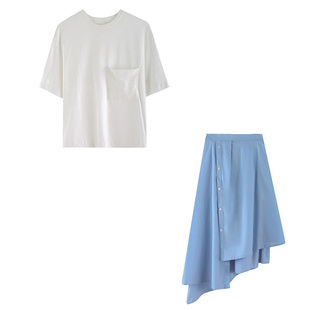 山本风套装日系小众设计感后开叉飘带白色t恤+不规则baby蓝半身裙