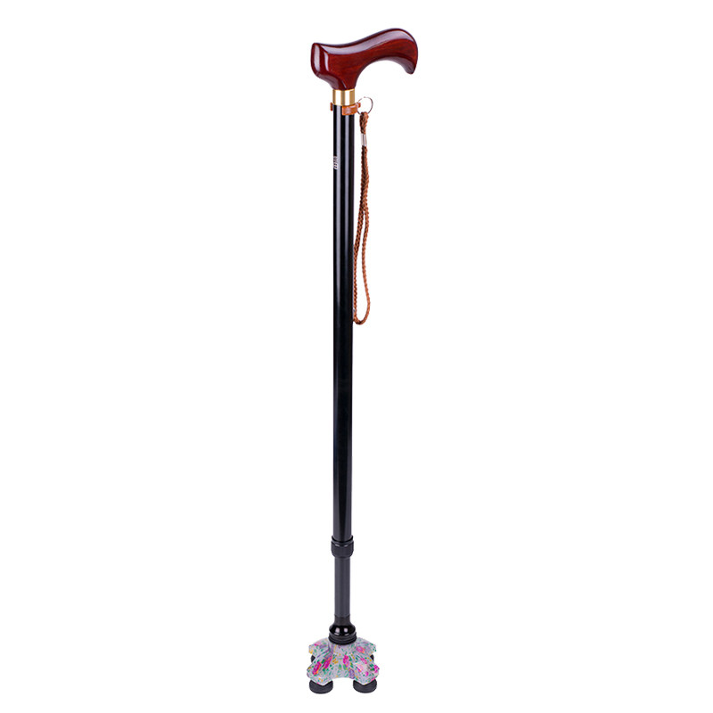 带灯拐杖小四脚手杖实木老年助步器轻便老人户外运动拐棍登山拐杖