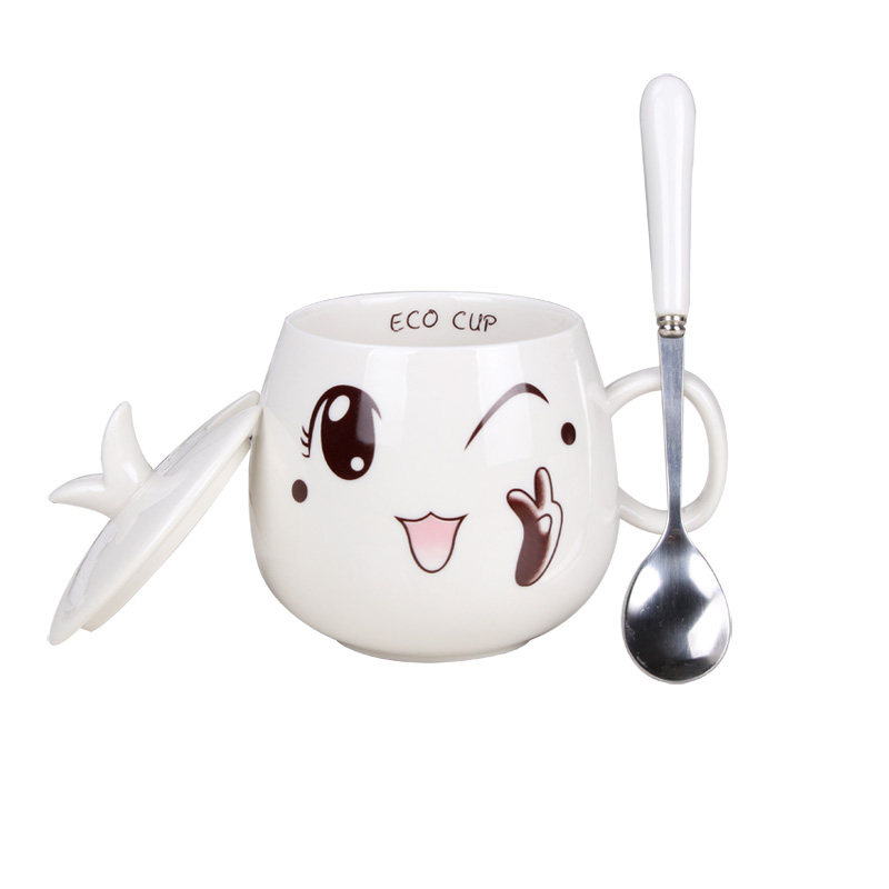 白色杯子创意女学生韩版卡通陶瓷杯带盖勺水杯简约马克杯清新定制