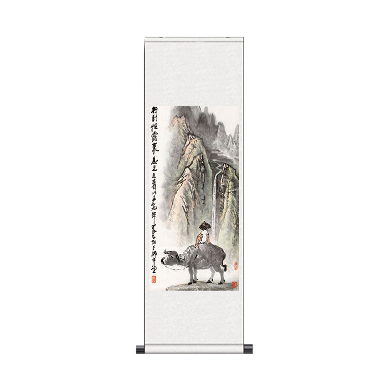烟霞裹息足牧童骑牛观瀑图李可染水墨国画丝绸卷轴画挂画定制风水