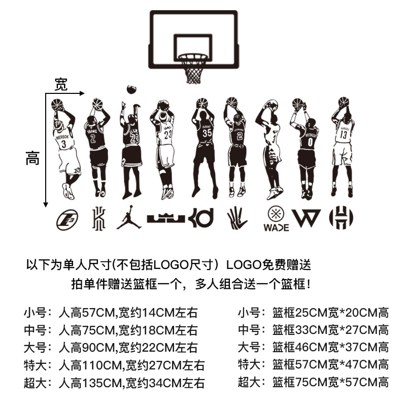 篮球nba墙贴乔丹科比哈登男生卧室装饰壁纸自粘宿舍寝室球星贴纸